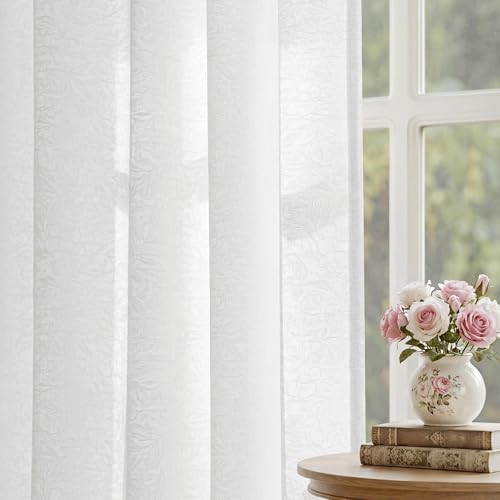 Beauoop White Semi Sheer Curtains for Living Room 52x96 2 Panels