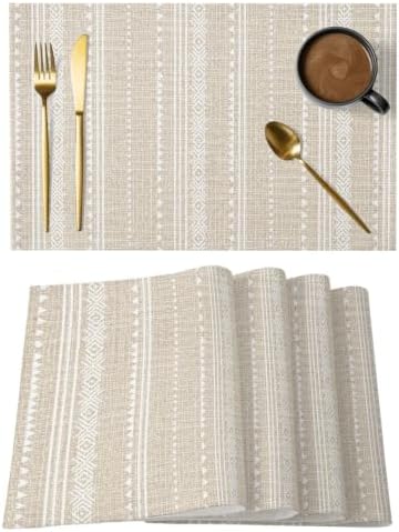Beige Geometric Placemats Set of 4, Cotton Linen Fabric Place Mats