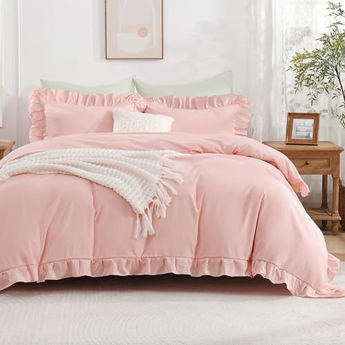 Andency Blush Ruffle Duvet Cover Queen, Shabby Chic Farmhouse Bedding