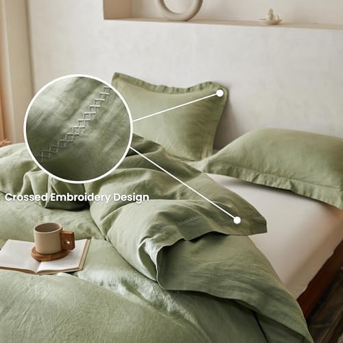 Simple&Opulence 100% Linen Duvet Cover Set with Crossed Embroidery