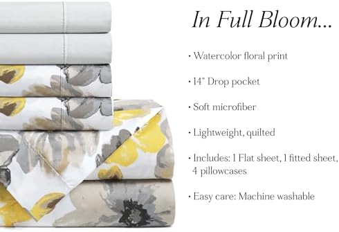 Lush Decor Leah Soft Floral Sheet Set, 6 Piece Set, Queen, Yellow &