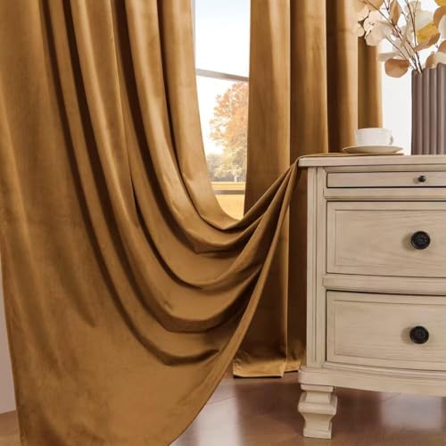 Timeper Gold Brown Velvet Blackout Curtains 52x120 inches, 2Pcs, Back
