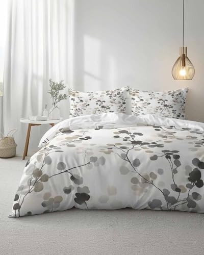 Duvet Cover Set Full, Gray Brown Botanical Watercolor 3 Piece Bedding