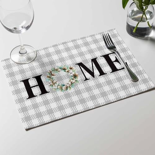 Placemats Set of 8, Spring Eucalyptus Leaf Wreath Home Quote Gray