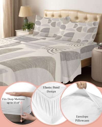 Queen Size Sheet Set 4 Pieces Beige Dots Semicircles Fitted Sheets