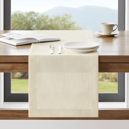ZeeMart Linen Textured Border Table Runner, 14 x 108 Inch Ivory