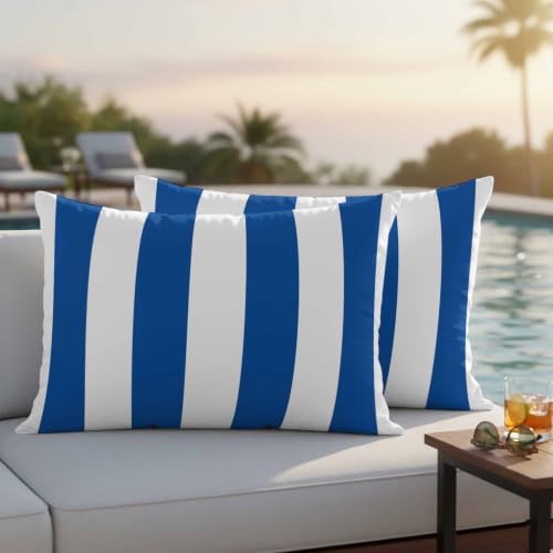 Navy Blue Stripes Waterproof Outdoor Pillow Covers Set of 2 Home
