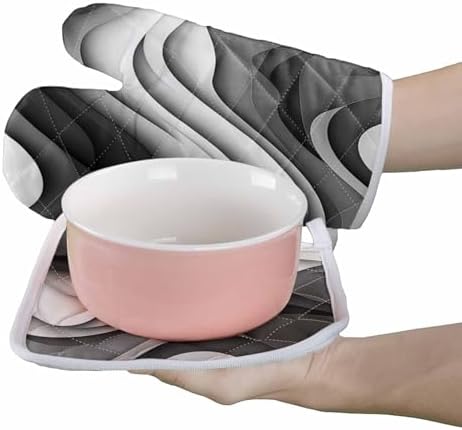 Quilted Cotton Terry Cloth Oven Mitt, Pot Holder Black White Gray