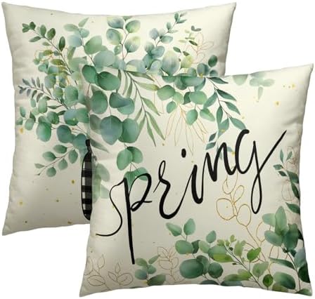 Spring Eucalyptus Leaf Pillowcase Set of 2 Black and White Plaid Decor