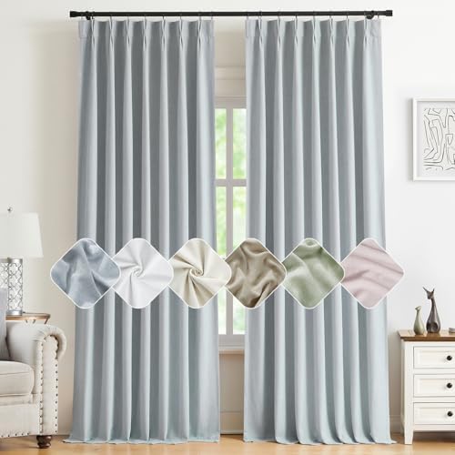 Kayne Studio Blue Gray Pinch Pleated Back Tab Full Blackout Curtains