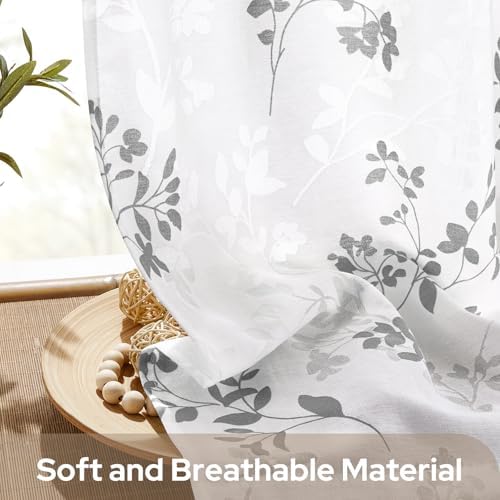 HOMEIDEAS White and Gray Privacy Sheer Curtains 96 Inches Long, 2