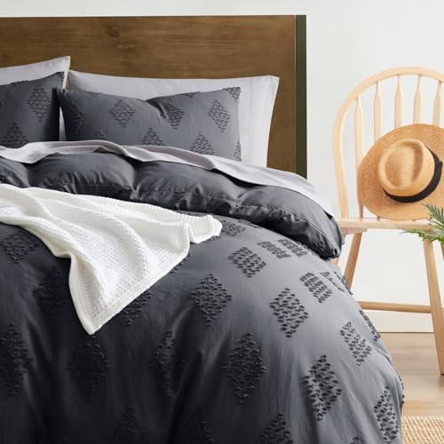 Hearth & Harbor Boho Bedding - King Size 3 Piece Tufted Grey Duvet