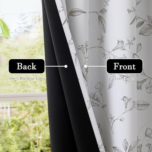 ChrisDowa 100% Grey Blackout Floral Curtains 96 Inches Long 2 Panels
