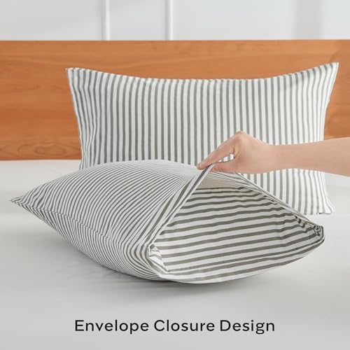JELLYMONI Cotton Vertical Gray Striped Pillowcases Set of 2, Queen