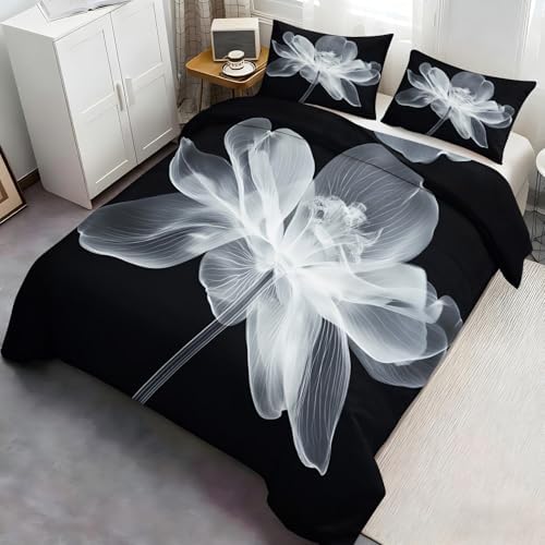 Flowers Bedding Sets Queen, Gray Floral Duvet Cover, Minimalist