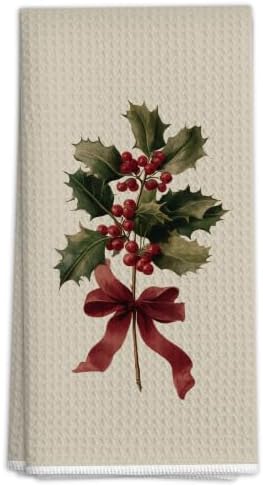 Vintage Bow Holly Branch Christmas Winter Kitchen Decor Dish Tea Hand