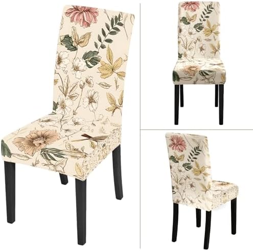 ANNA QUEEN Beige Botanical Floral Dining Chair Covers Set of 4