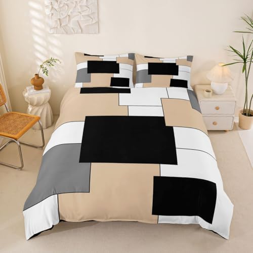 Homewish Black White Khaki Duvet Cover Set King Size,Modern Geometric