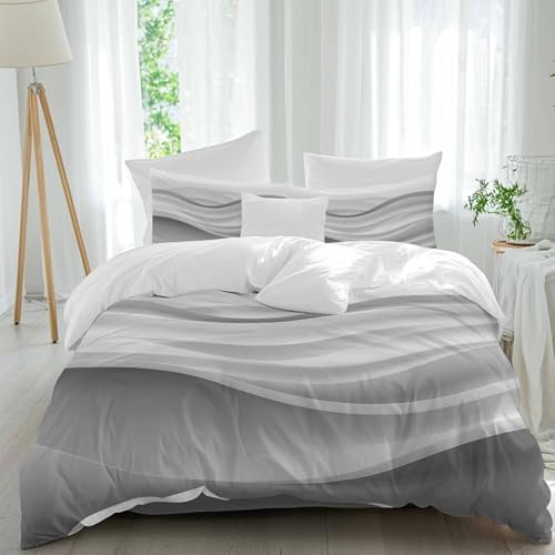 Gray Striped Duvet Cover Set, Modern Abstract Art Wave Moire Gradient