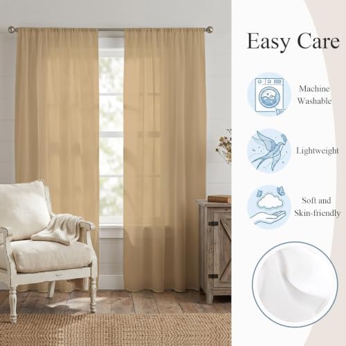 Beige Sheer Curtains 108 Inch Long 2 Panels Solid Color Beige