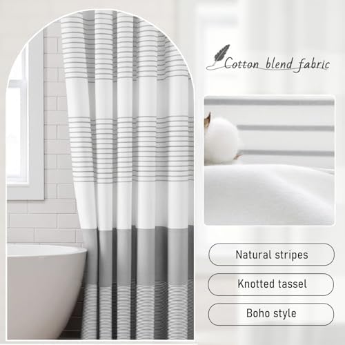 Grey Farmhouse Cotton Striped Shower Curtain with Tassel 72"W X 72"L