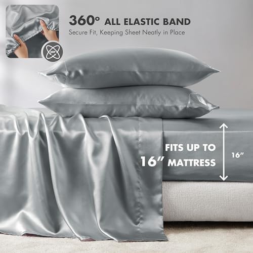 Madison Park Essentials Satin Sheets King Size Bed Set, 6 Piece, Grey