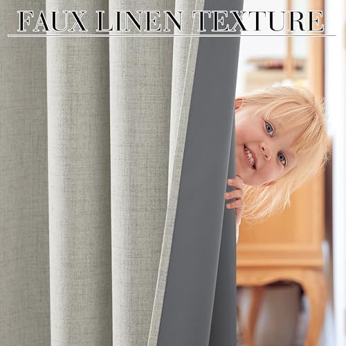 RYB HOME Greige 100% Blackout Linen Curtains 96 inches Long for Living