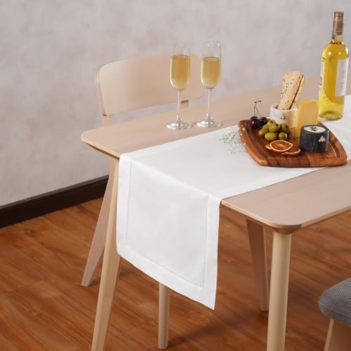 Home Ekaa White Table Runner 120 Inch – Cotton Linen Hemstitch