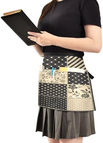 Gingham Patchwork Black Beige Server Aprons with 3 Pockets, Water