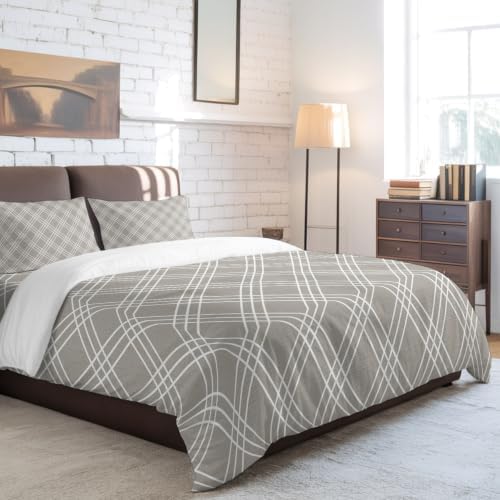 Taupe Grid Full Duvet Cover Set - 4 Pcs Comforter Cover Bedding Sets