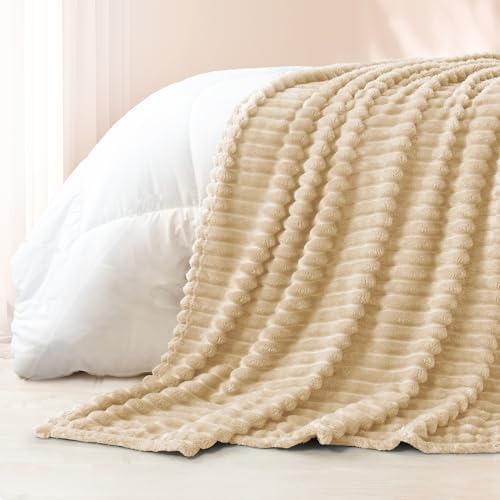 Exclusivo Mezcla Striped King Size Fleece Blanket for Bed, Beige