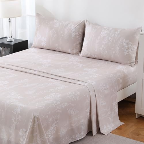 Yibeizi Taupe Floral Sheets King Size Boho Patterned Bed Sheet Set