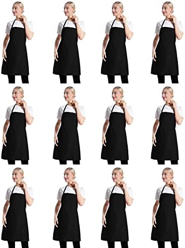 12 Pcs Bib Bulk Black Aprons for Women Men Adult Girls Unisex with 2