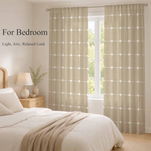 T&H XHome Minimalist Sheer Curtains 108 Inch Long 2 Panels Grid Lines