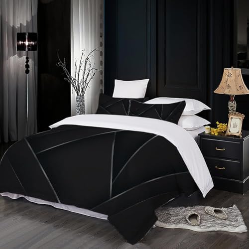 Black Geometric Duvet Cover Set King Size, Luxury Gray Lines Art