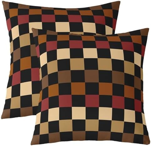 Checkered Retro Throw Pillow Covers Set of 2 Brown Red Black Plaid
