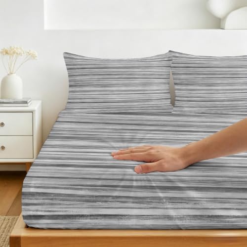 Queen Fitted Sheet Deep Pocket, Abstract Gray Striped Textured Soft