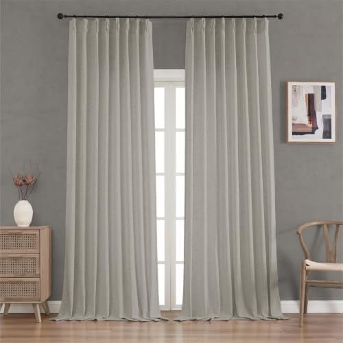 Pinch Pleated Semi Sheer Linen Curtains 108 Inches Long, Light Grey