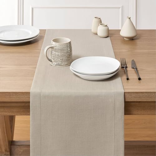 ZeeMart Linen Textured Border Table Runner, 14 x 90 Inch Natural