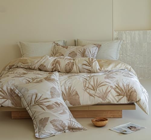 Queen Duvet Cover Set, 100% Cotton Beige Botanical Leaf Printed
