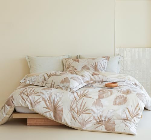 Queen Duvet Cover Set, 100% Cotton Beige Botanical Leaf Printed