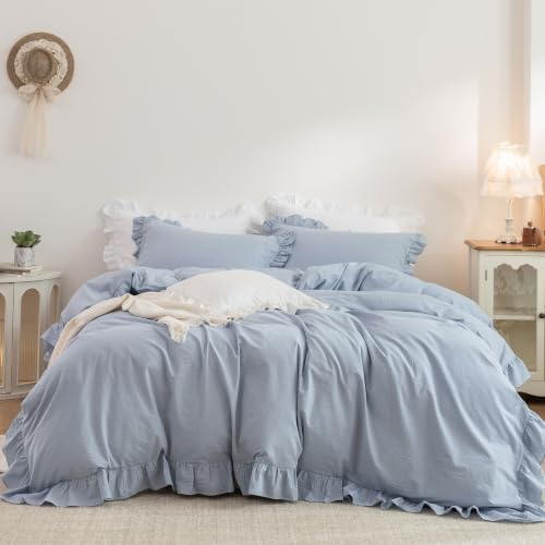 Ruffle Duvet Cover Set 100% Washed Cotton Linen Feel 3‐Pcs King