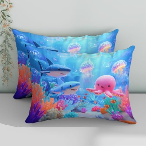 King Duvet Cover Set Soft Microfiber Aquarium Cartoon Blue