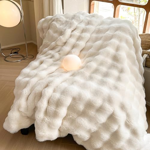 MERRYLIFE Luxury Faux Rabbit Fur Throw Blanket for Couch Bed Beige