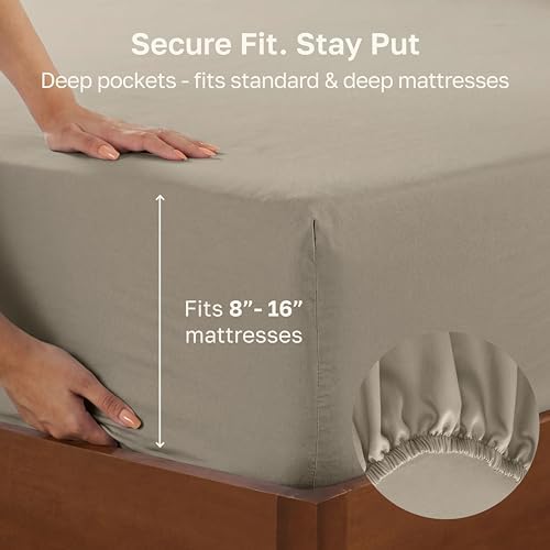 California Design Den 600 Thread Count Fitted Sheet Queen, Cool Taupe