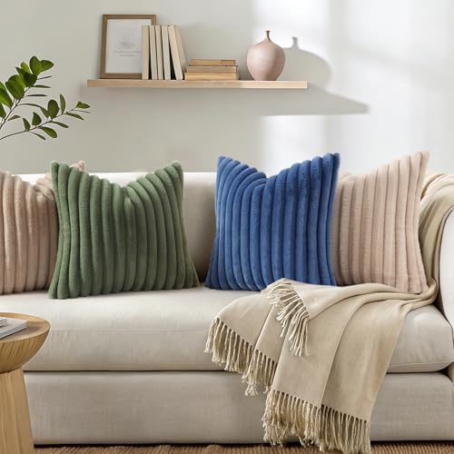 Simmore Faux Fur Striped Olive Green Throw Pillow Covers 22x22 Set of