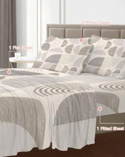 Queen Size Sheet Set 4 Pieces Beige Dots Semicircles Fitted Sheets