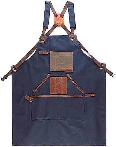Cross Back Canvas Aprons With Pockets |Adjustable Leather Strap|Work
