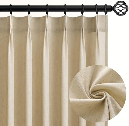 96 Inches Long Pinch Pleated Semi Sheer Curtains,Beige Light Linen