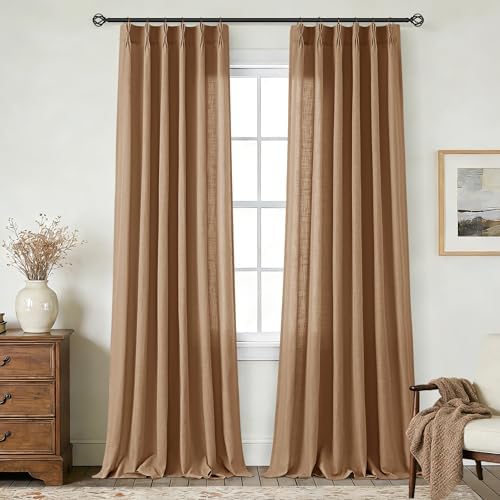 Brown Pinch Pleated Long Linen Curtains 96 inch Length 2 Panels Set